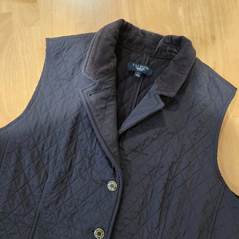 Talbots Petite Fleece Lined Quilted Button Vest Corduroy‎ Trim Dark Brown Large